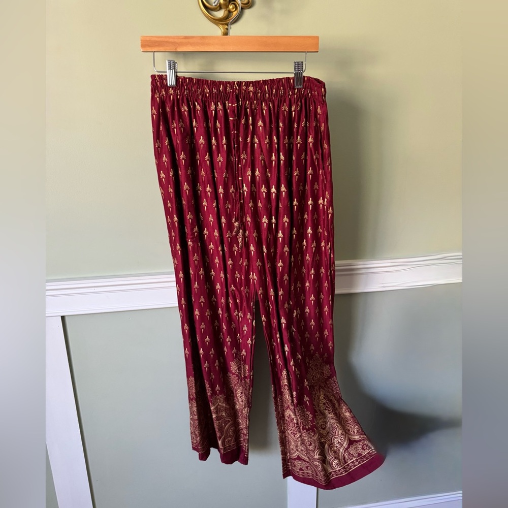 Burgundy and Gold Indian Print Relaxed Pants